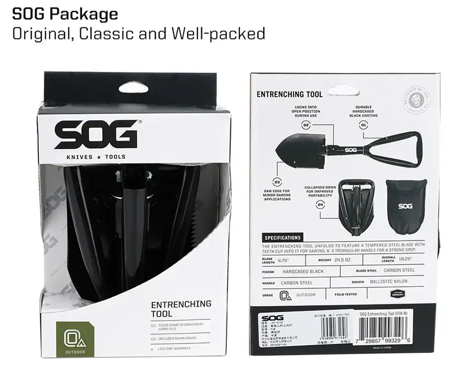 SOG Folding Shovel, Outdoor Camping Supplies, 18.25 Inch Folding Survival Shovel with Saw Edge and Tactical Shovel Carry Case