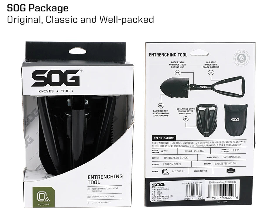 SOG Folding Shovel, Outdoor Camping Supplies, 18.25 Inch Folding Survival Shovel with Saw Edge and Tactical Shovel Carry Case