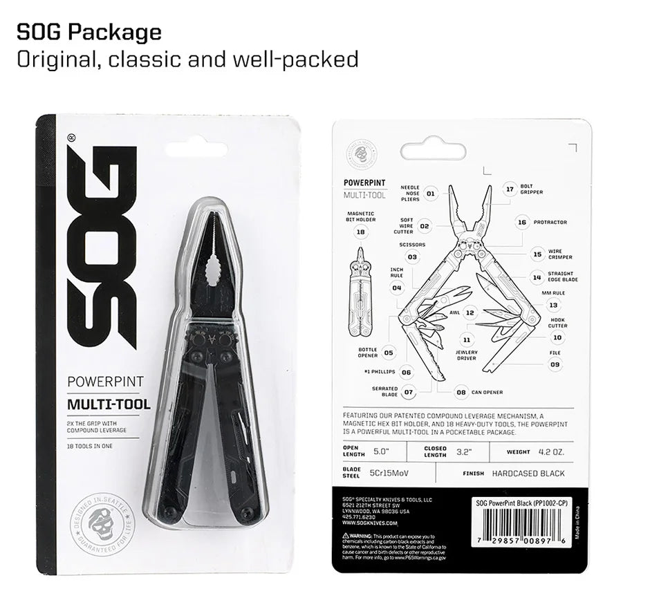 SOG PowerPint 18 - in - 1 Tactical Multi - Tool with Folding Pliers & Knife - EDC Pocket Gear for Outdoor, Hiking, Camping Survival - BSG