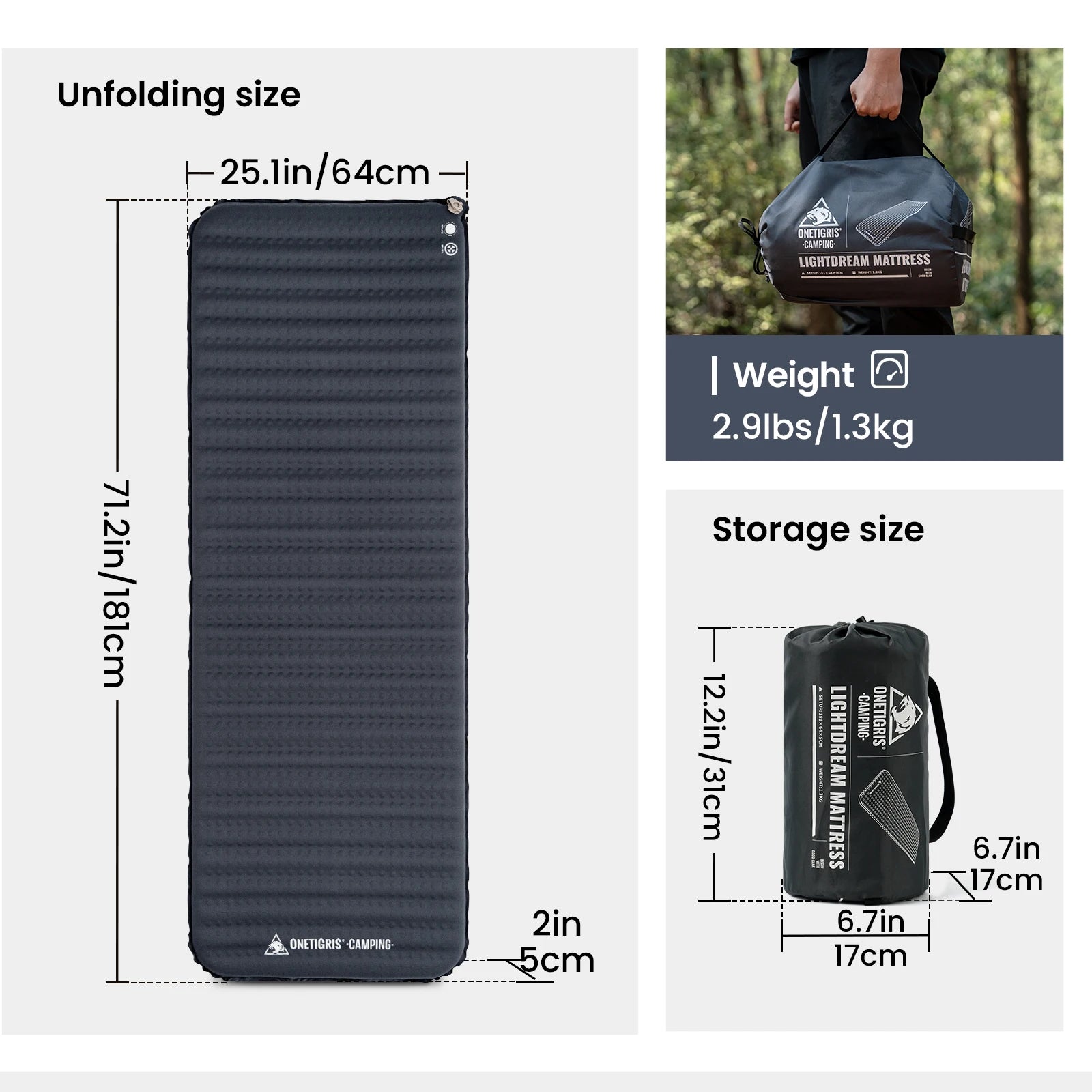 Onetigris LIGHTDREAM Camping Mattress Lightweight Self-inflating Mats Sleeping Pads for Backpacking Hiking Car Trips Travels