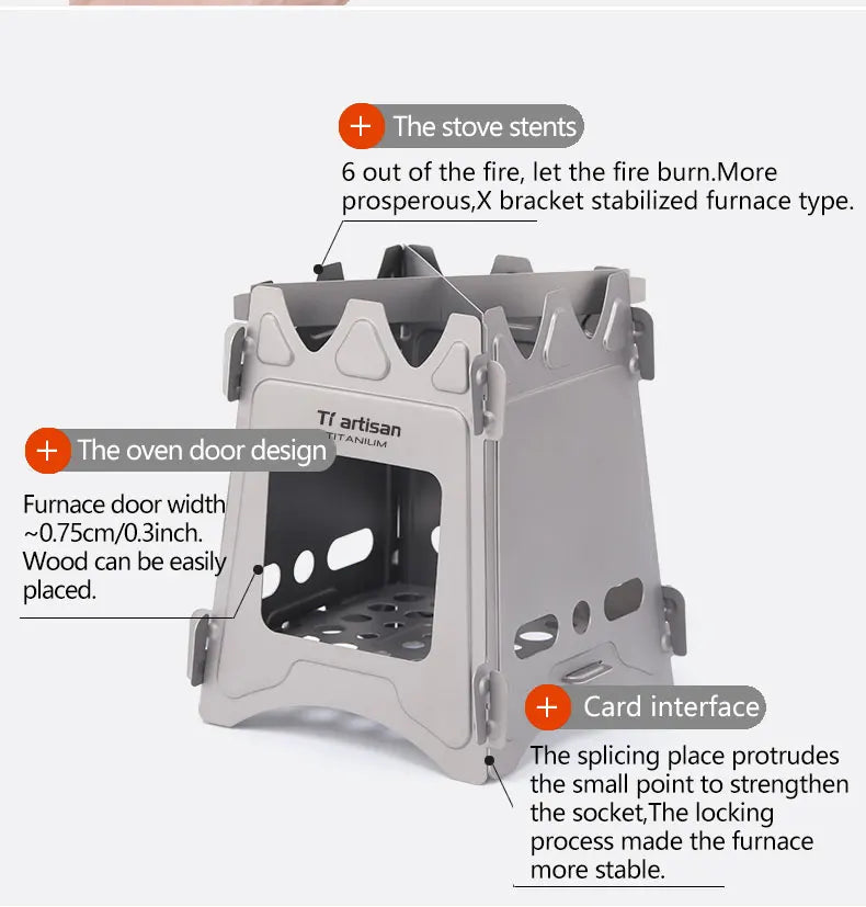 Tiartisan Titanium Outdoor Foldable Wood Stove Hiking Picnic Ultralight Portable Fire Burner Stove Multi-purpose Camping gear