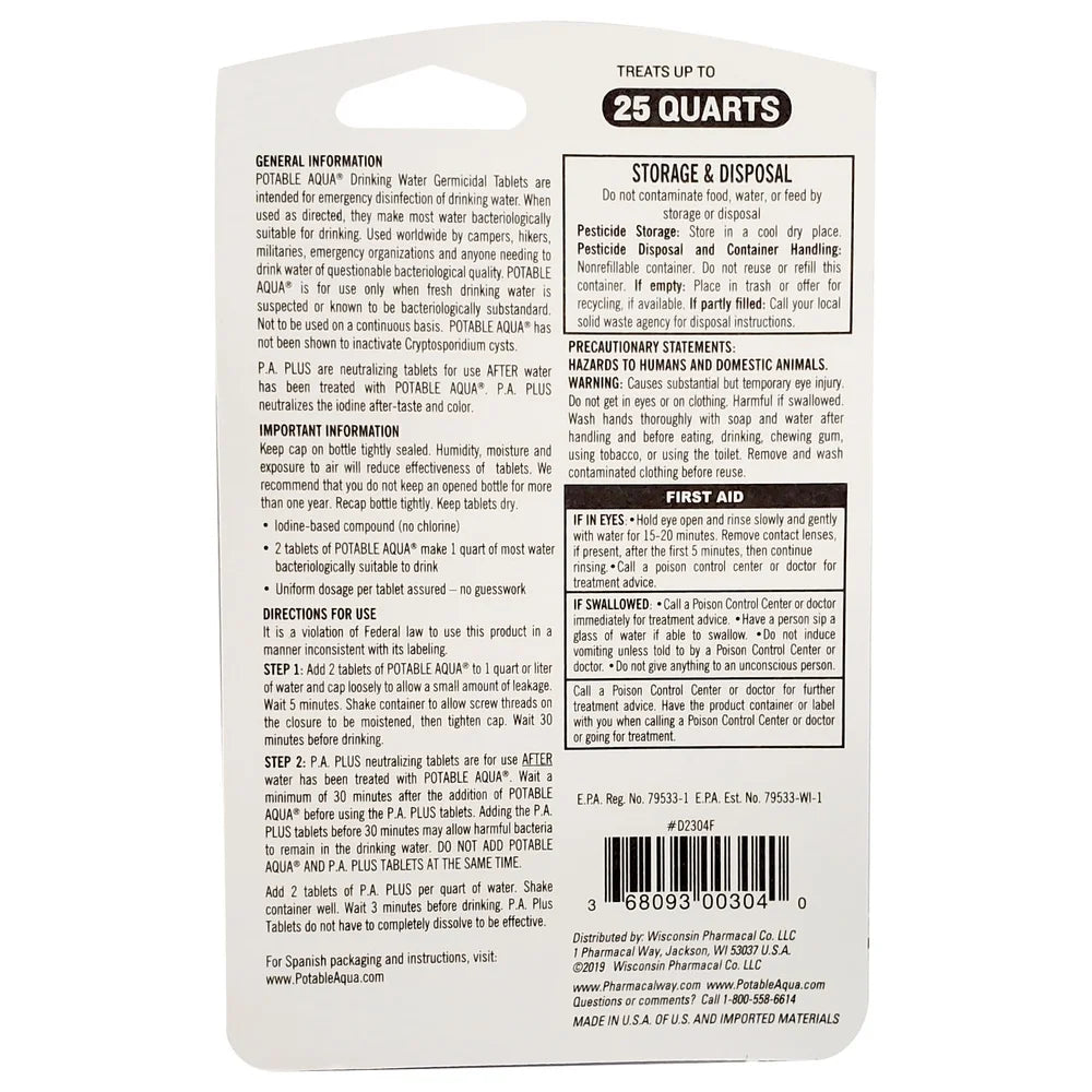 Water Purification Tablets 100 Count Two - Step Process Drinking Water Treatment Effective Against Bacteria Giardia Lightweight - BSG