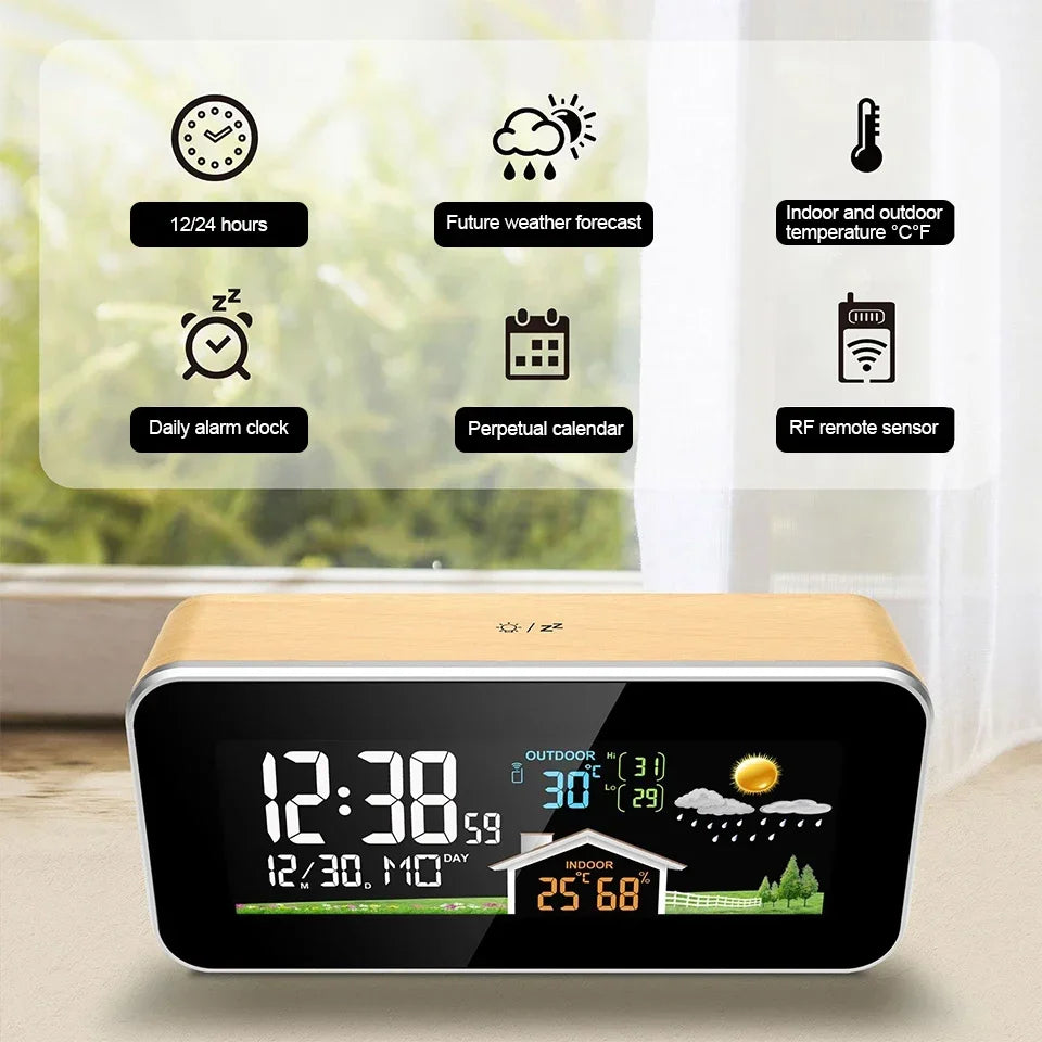 Wireless Indoor & Outdoor Weather Station with Wooden Alarm Clock, Digital Thermometer & Hygrometer, Remote Sensor