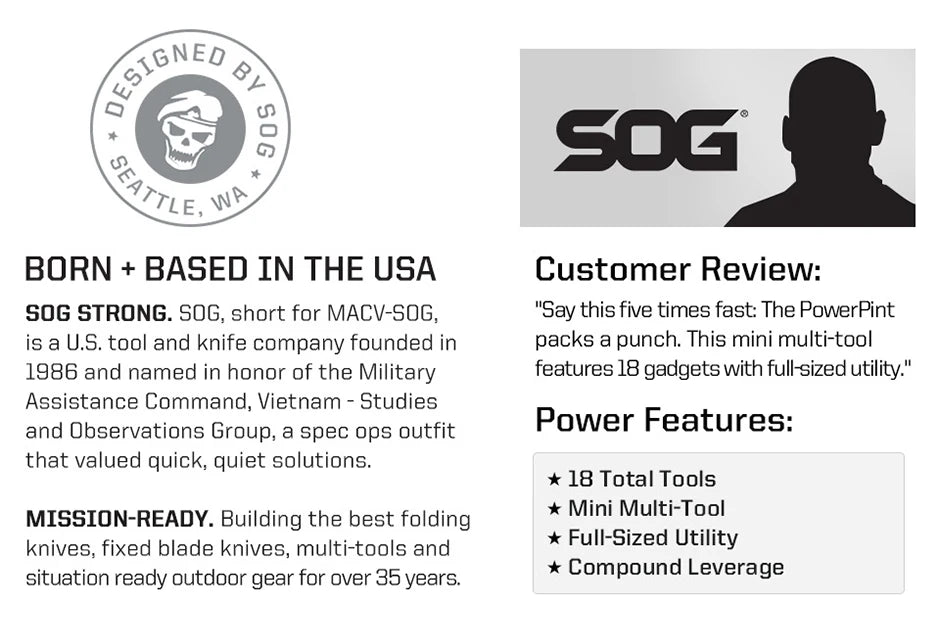 SOG PowerPint 18 - in - 1 Tactical Multi - Tool with Folding Pliers & Knife - EDC Pocket Gear for Outdoor, Hiking, Camping Survival - BSG