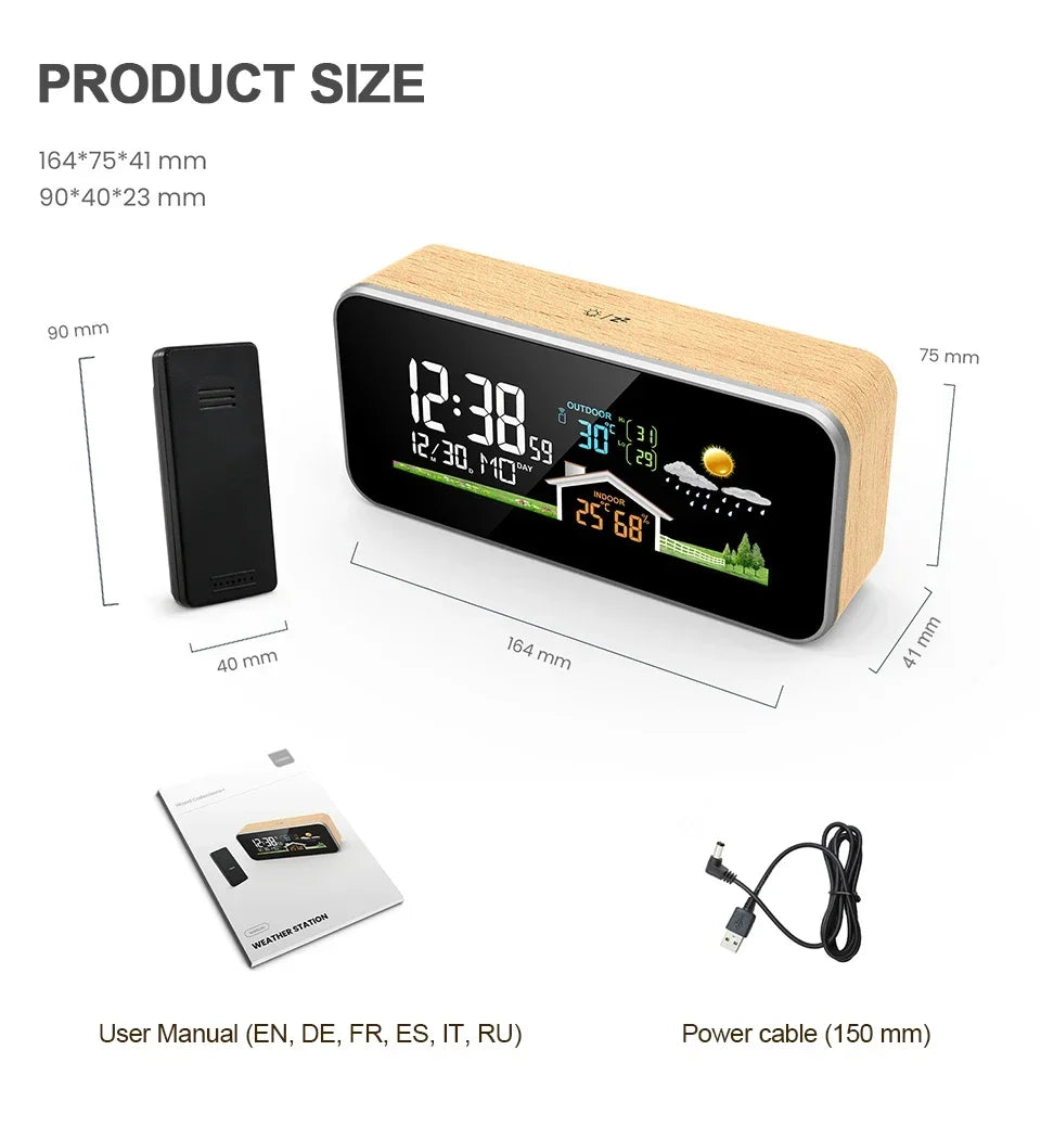 Wireless Indoor & Outdoor Weather Station with Wooden Alarm Clock, Digital Thermometer & Hygrometer, Remote Sensor