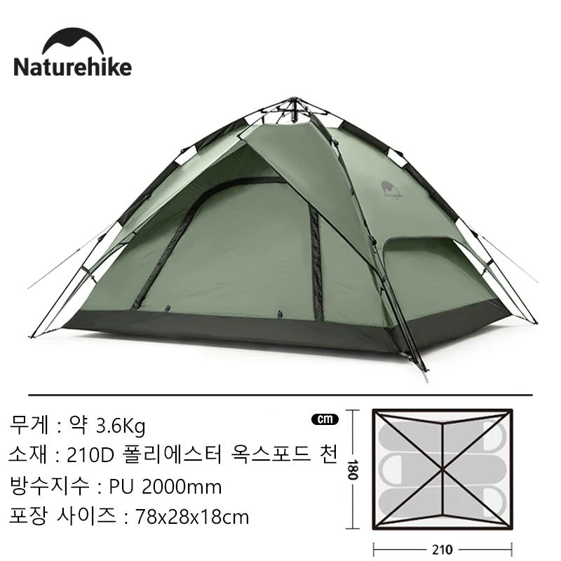 Naturehike Camping Automatic Tent One Touch Waterproof Roof Top Tents Double Door 3 Person Tent Outdoor Beach Fish Shelter Tent - BSG