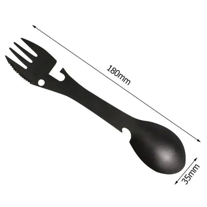 Multiherramienta 5 en 1 de acero inoxidable para exteriores: tenedor, cuchara, cuchillo, abrebotellas y abrelatas | BasicSurvivalGear.com