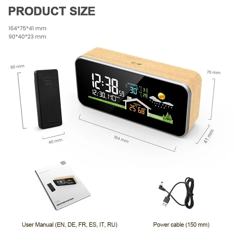 Wireless Indoor & Outdoor Weather Station with Wooden Alarm Clock, Digital Thermometer & Hygrometer, Remote Sensor