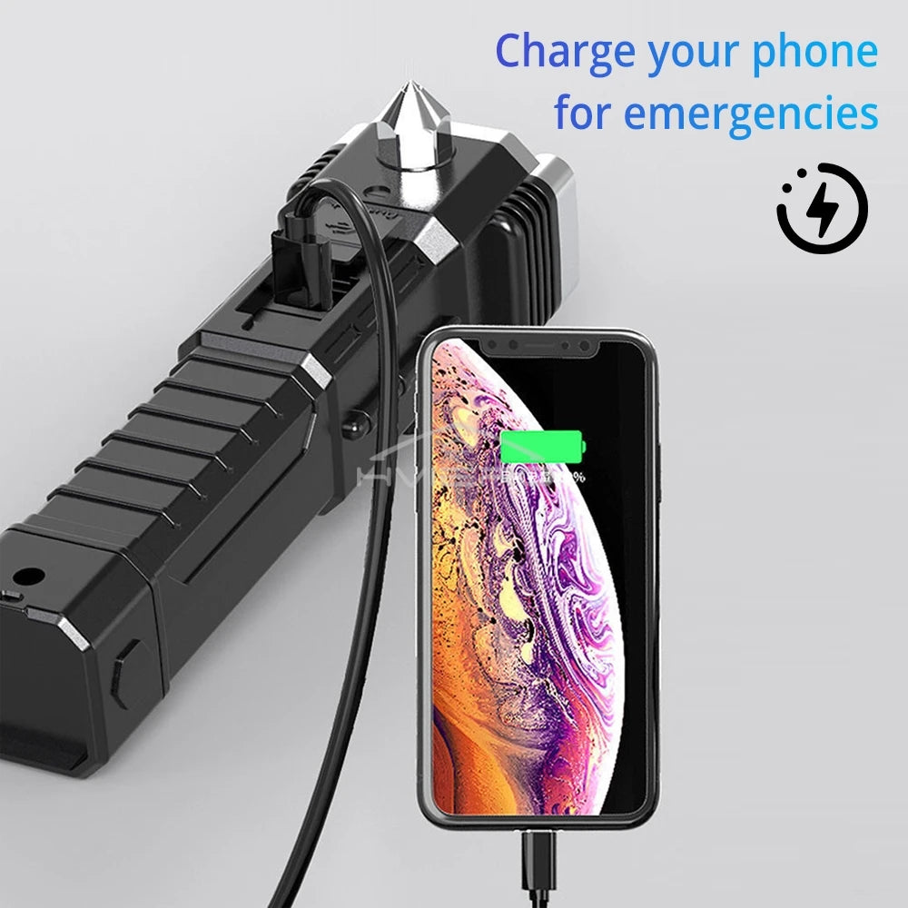 Rechargeable Vehicle Emergency Flashlight with Safety Hammer & Power Bank – Waterproof LED Survival Light