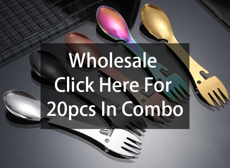 5-in-1 Stainless Steel Outdoor Multitool – Fork, Spoon, Knife, Bottle & Can Opener | BasicSurvivalGear.com