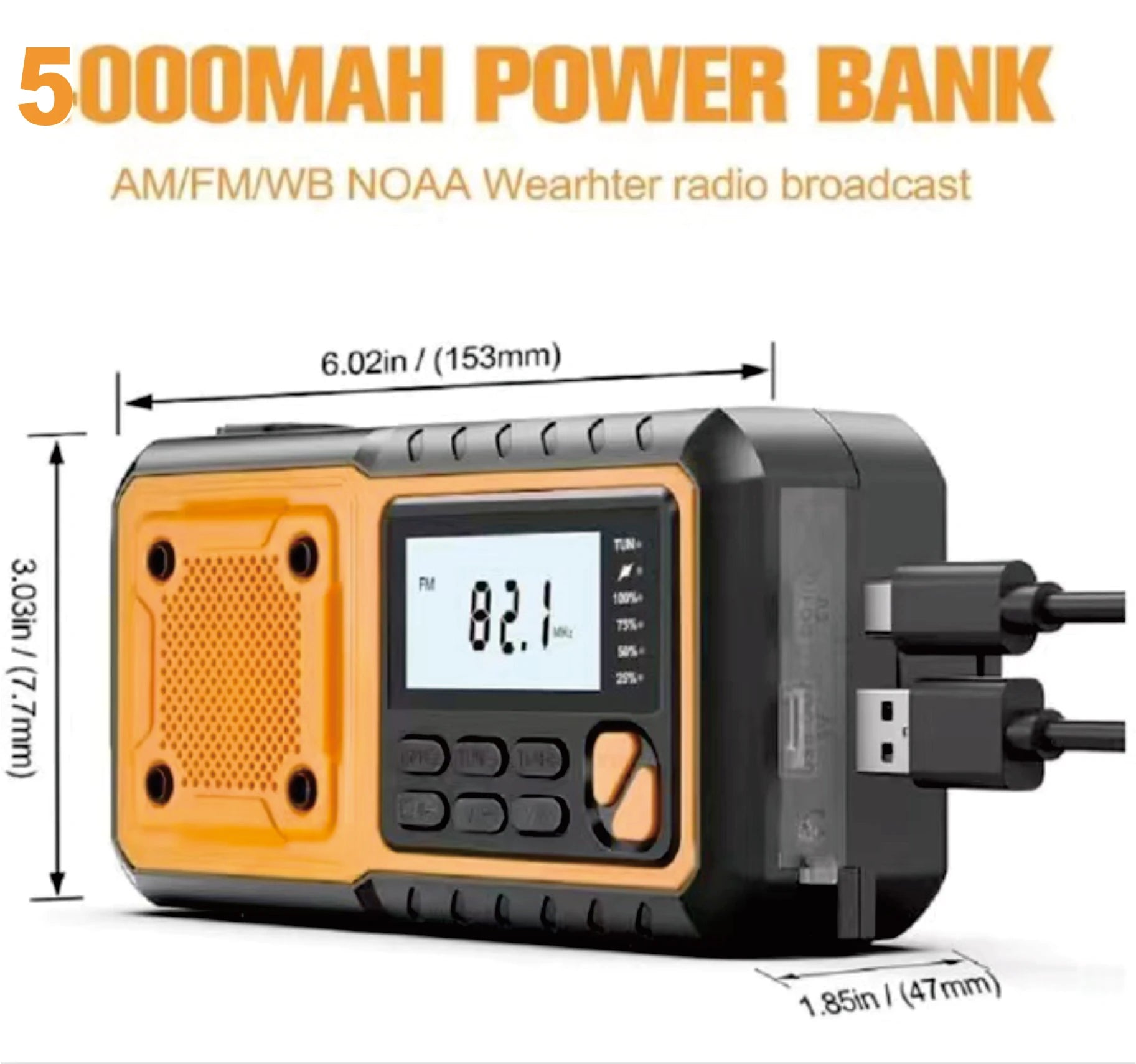 Radio de emergencia con manivela de 5000 mAh/18 500 mWh, radio de alerta meteorológica AM FM NOAA, pantalla digital, manivela de 4 vías, radio solar