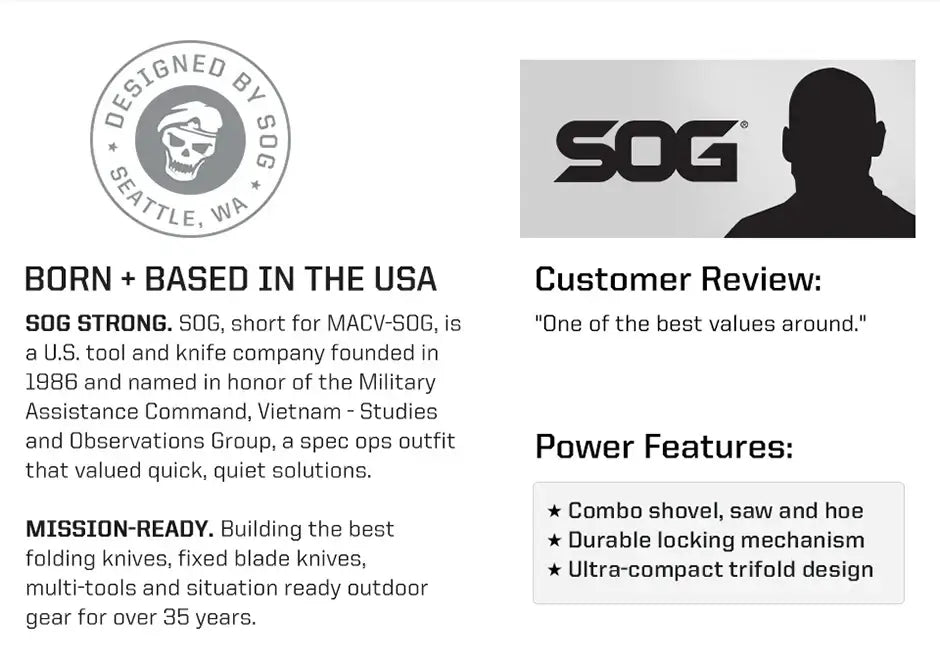 SOG Folding Shovel, Outdoor Camping Supplies, 18.25 Inch Folding Survival Shovel with Saw Edge and Tactical Shovel Carry Case