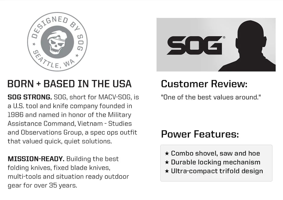 SOG Folding Shovel, Outdoor Camping Supplies, 18.25 Inch Folding Survival Shovel with Saw Edge and Tactical Shovel Carry Case