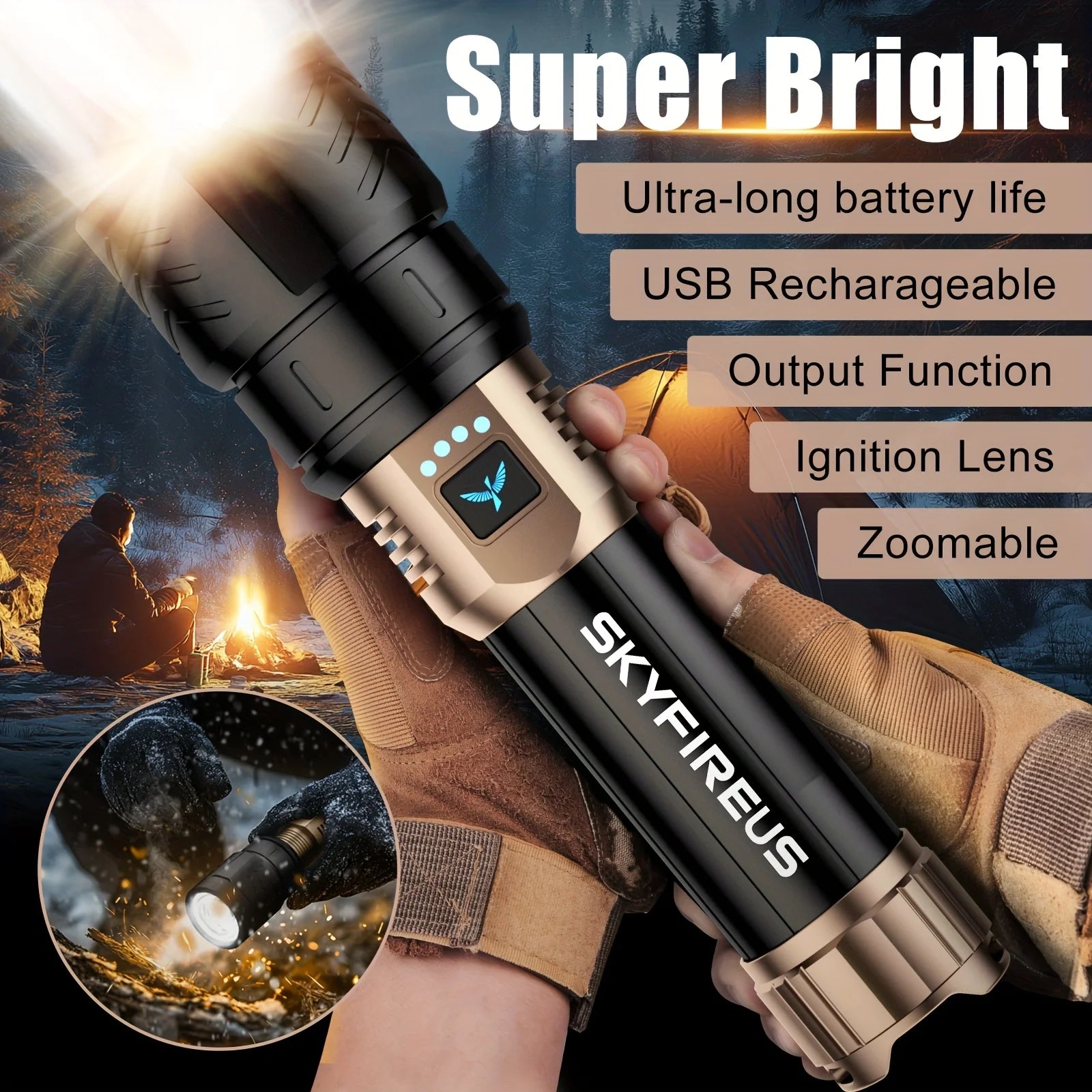 Skyfireus High-Lumens Rechargeable LED Flashlight with Ignition Lens
