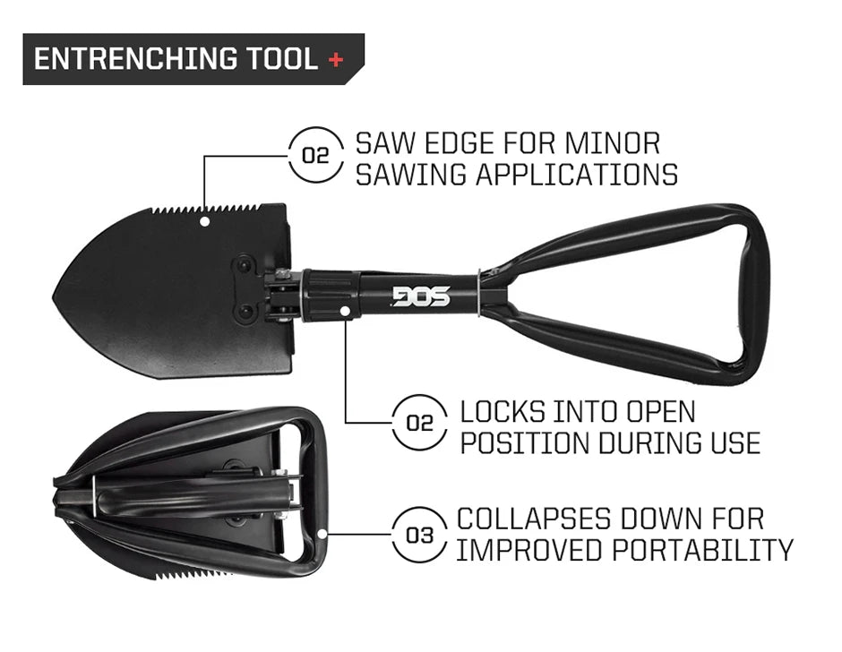 SOG Folding Shovel, Outdoor Camping Supplies, 18.25 Inch Folding Survival Shovel with Saw Edge and Tactical Shovel Carry Case