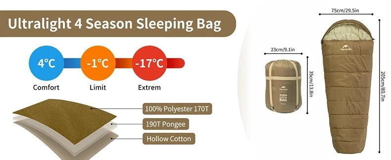 Naturehike Mummy Sleeping Bags MJ300/MJ600 Cotton Camping Adults Sleeping Bag Ultra Winter Warm Mummy Sleeping Bag Indoor - BSG