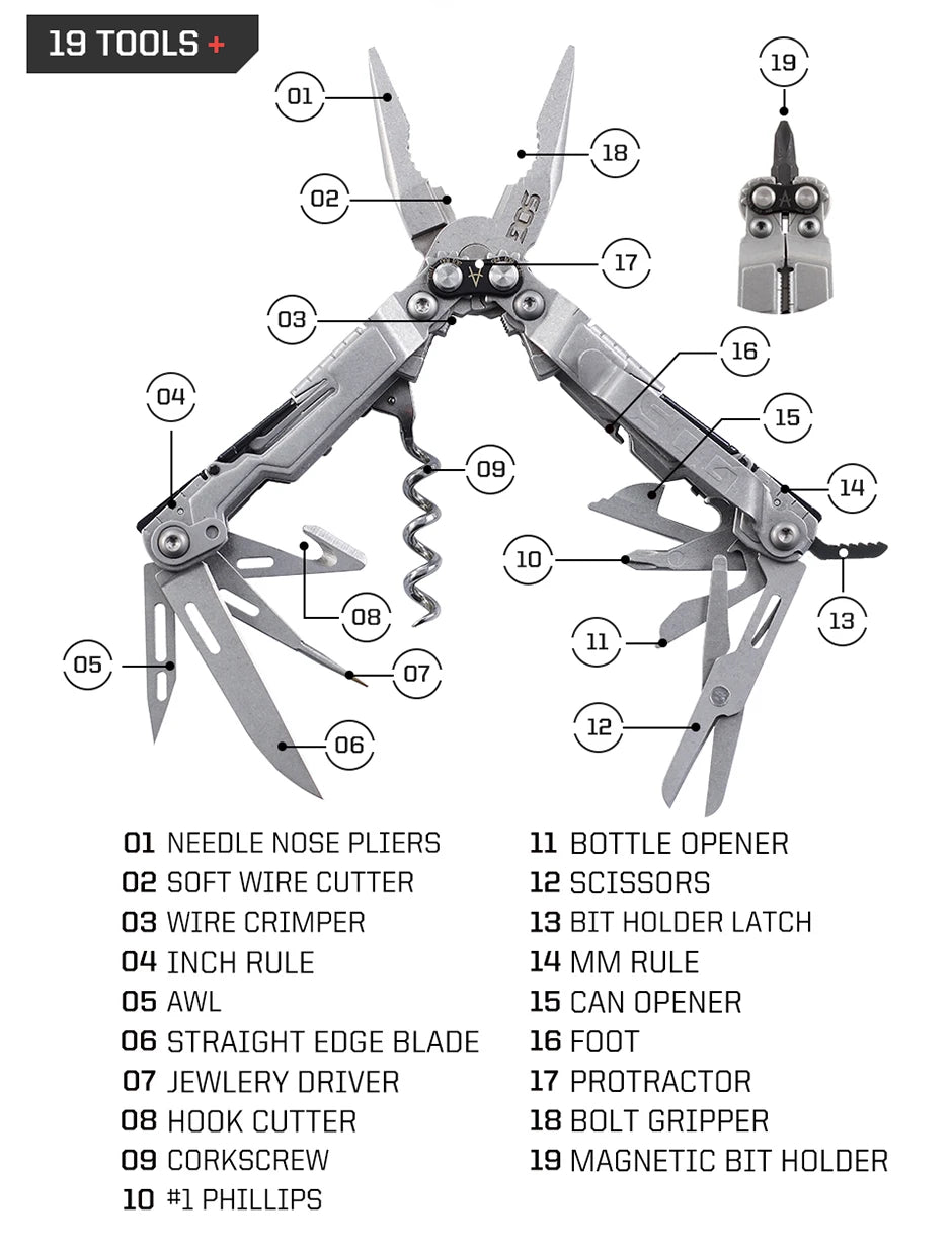 SOG 19 in 1 PowerLitre Folding Pliers Knife EDC Mini Multi - Tools Pocket Scissor Portable Outdoor Survival Multitools PL1001 - CP - BSG