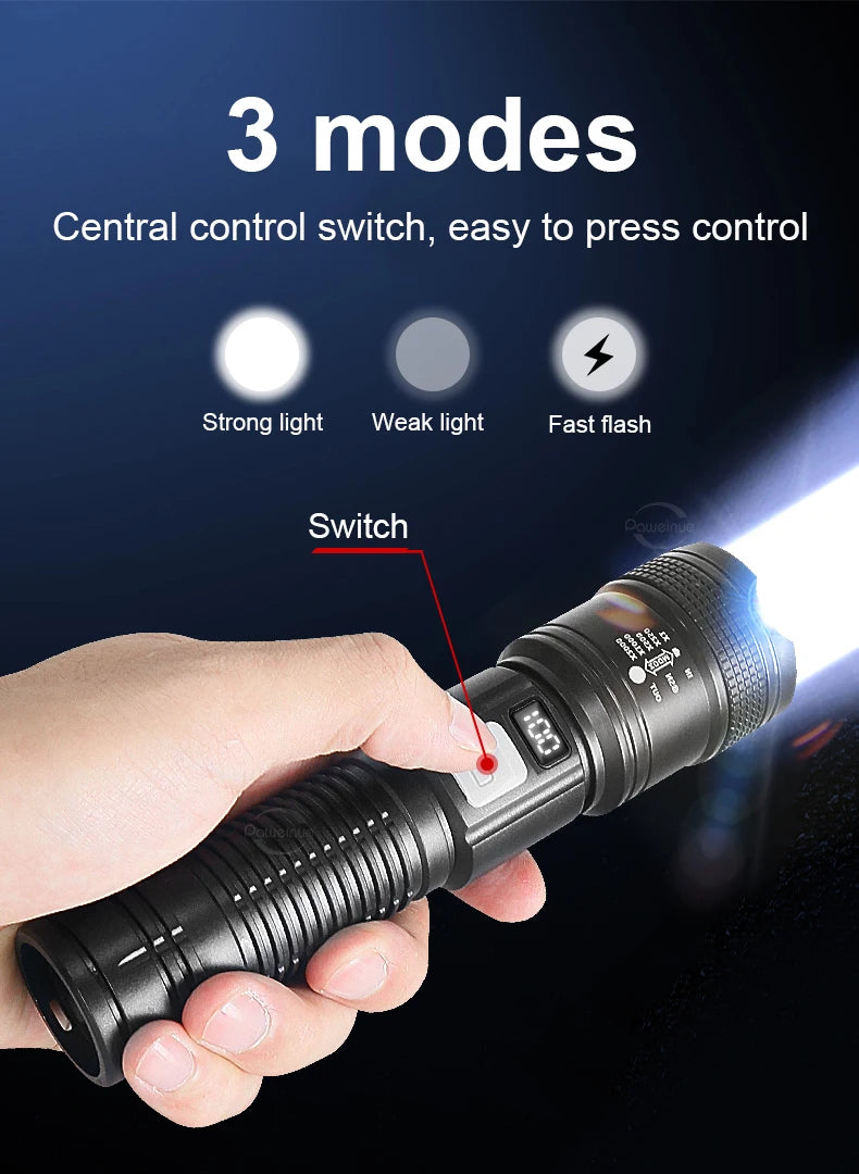 High-Power Rechargeable LED Tactical Flashlight – 3000m Long-Range, IPX6 Waterproof, 3600mAh Power Bank (Model SDT05) | BasicSurvivalGear.com