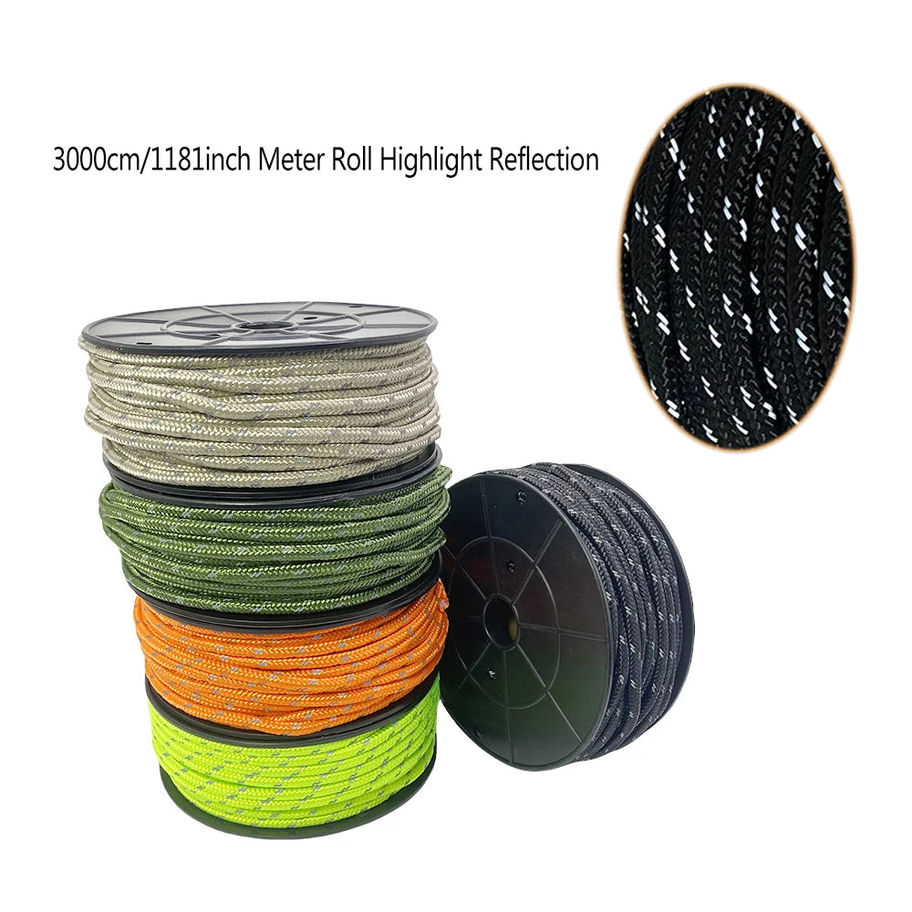 Paracord reflectante de 30 m, 6 mm, para exteriores, para supervivencia, camping, resistente, para tienda de campaña, tendedero