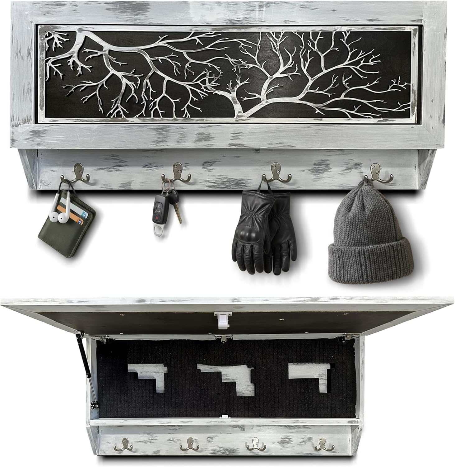 Winter Family Tree Wooden Coat Rack w/ Magnetic Lock Gun Concealment