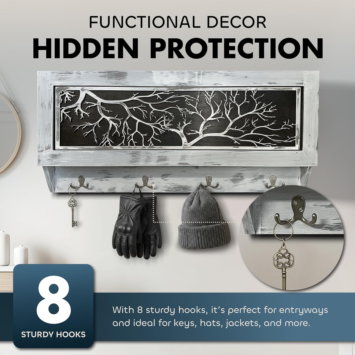 Winter Family Tree Wooden Coat Rack w/ Magnetic Lock Gun Concealment