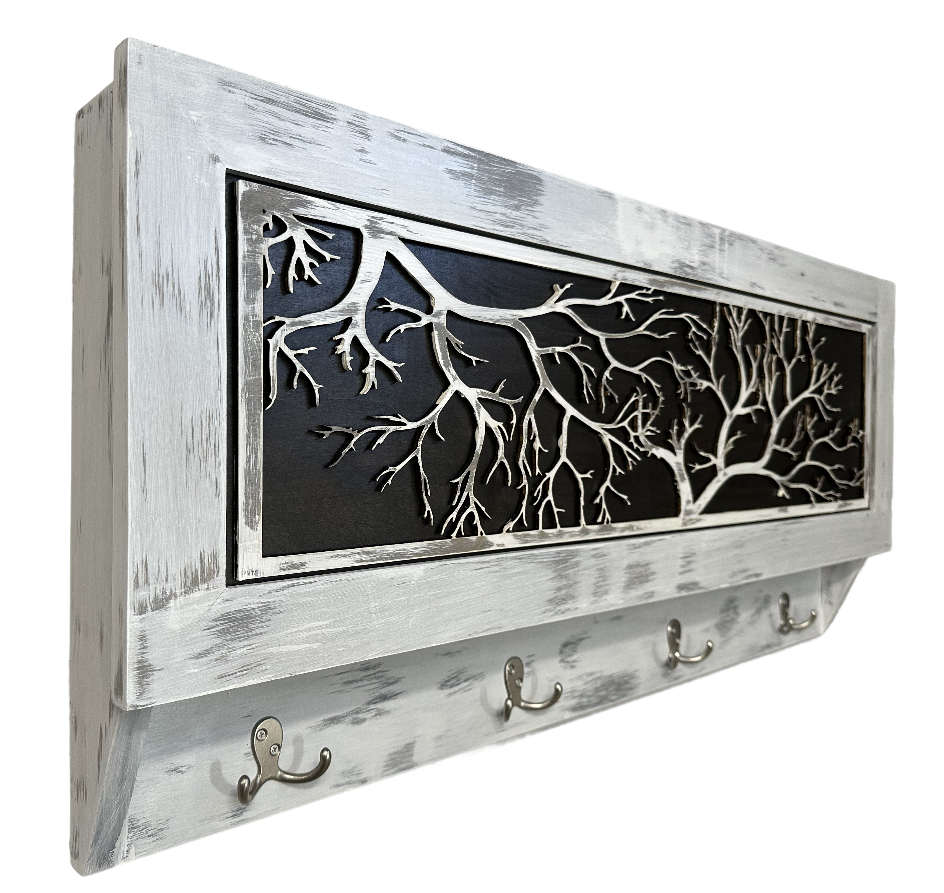 Winter Family Tree Wooden Coat Rack w/ Magnetic Lock Gun Concealment