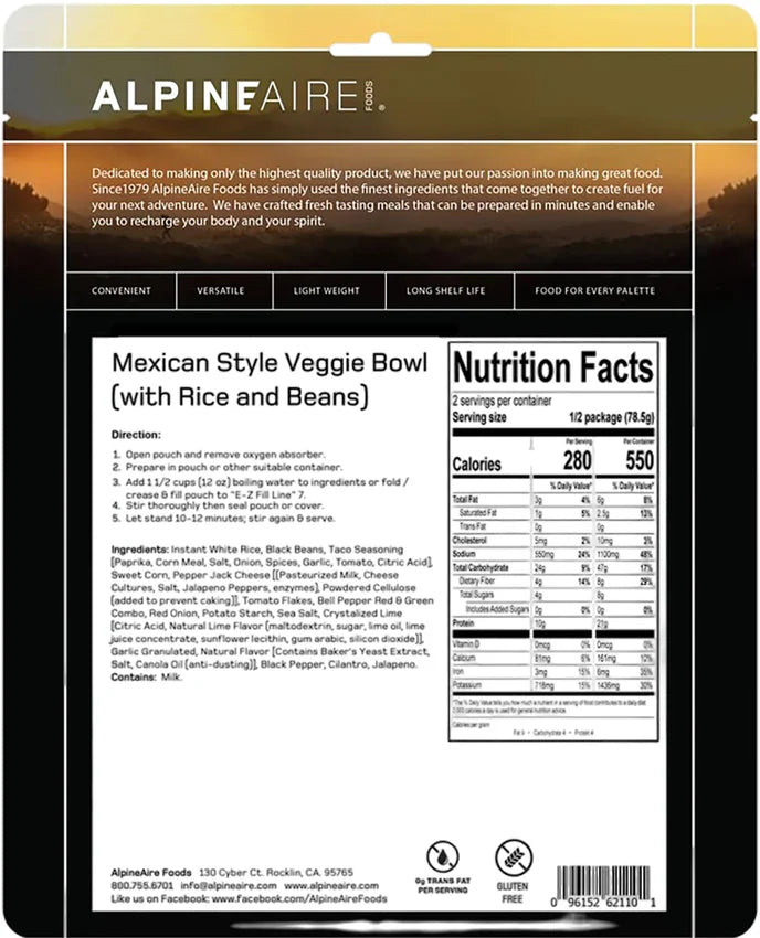 AlpineAire Mexican Style vegetarian rice & beans camping meal