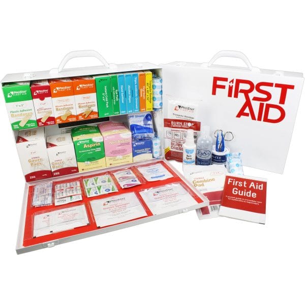 Open 2-shelf ANSI A first aid cabinet showing 557-piece organized contents in steel case