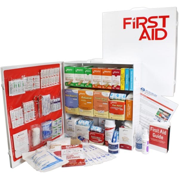 Open 3-shelf ANSI A first aid cabinet showing organized 1,316-piece contents