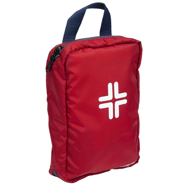 Compact red nylon first aid bag with white cross logo and carry handle