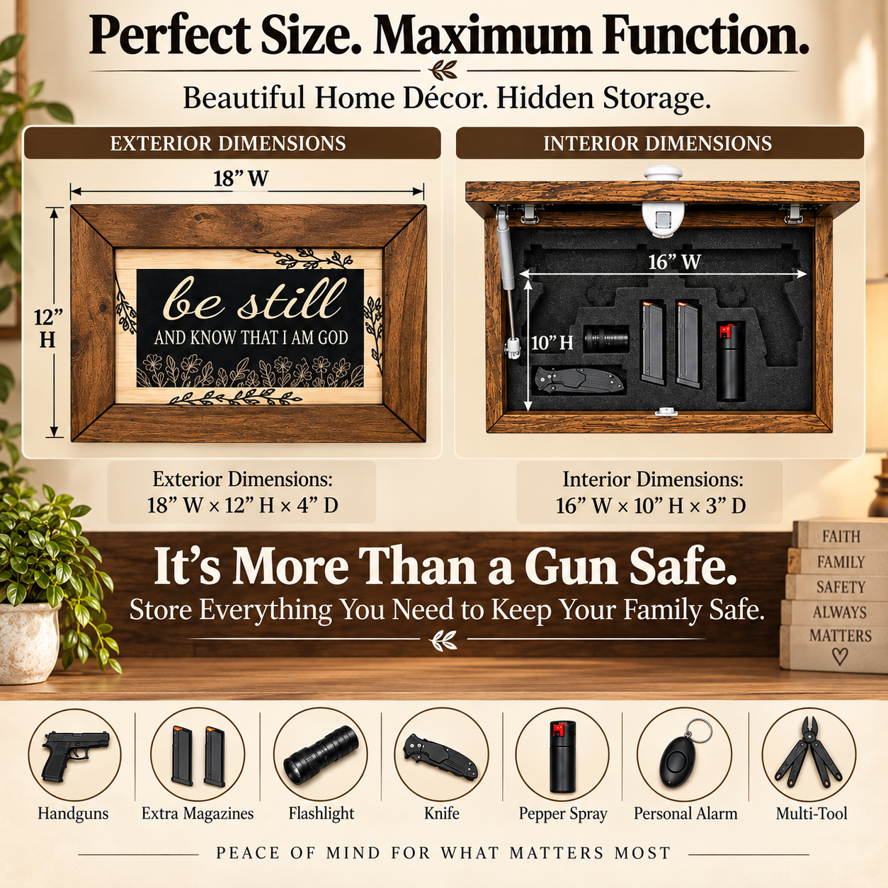 Bible Verse Decorative & Secure Wall-Mounted Gun Cabinet - Be Still and Know That I am God Psalm 46:10 Gun Safe