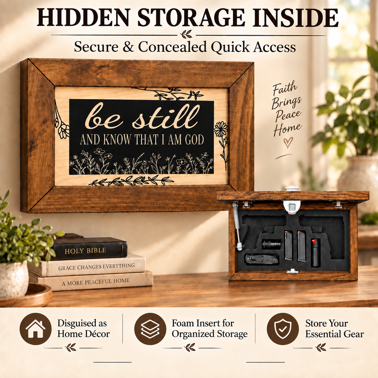 Bible Verse Decorative & Secure Wall-Mounted Gun Cabinet - Be Still and Know That I am God Psalm 46:10 Gun Safe