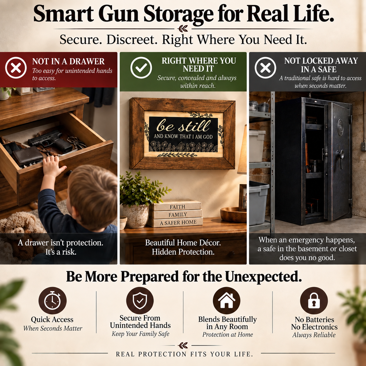 Bible Verse Decorative & Secure Wall-Mounted Gun Cabinet - Be Still and Know That I am God Psalm 46:10 Gun Safe