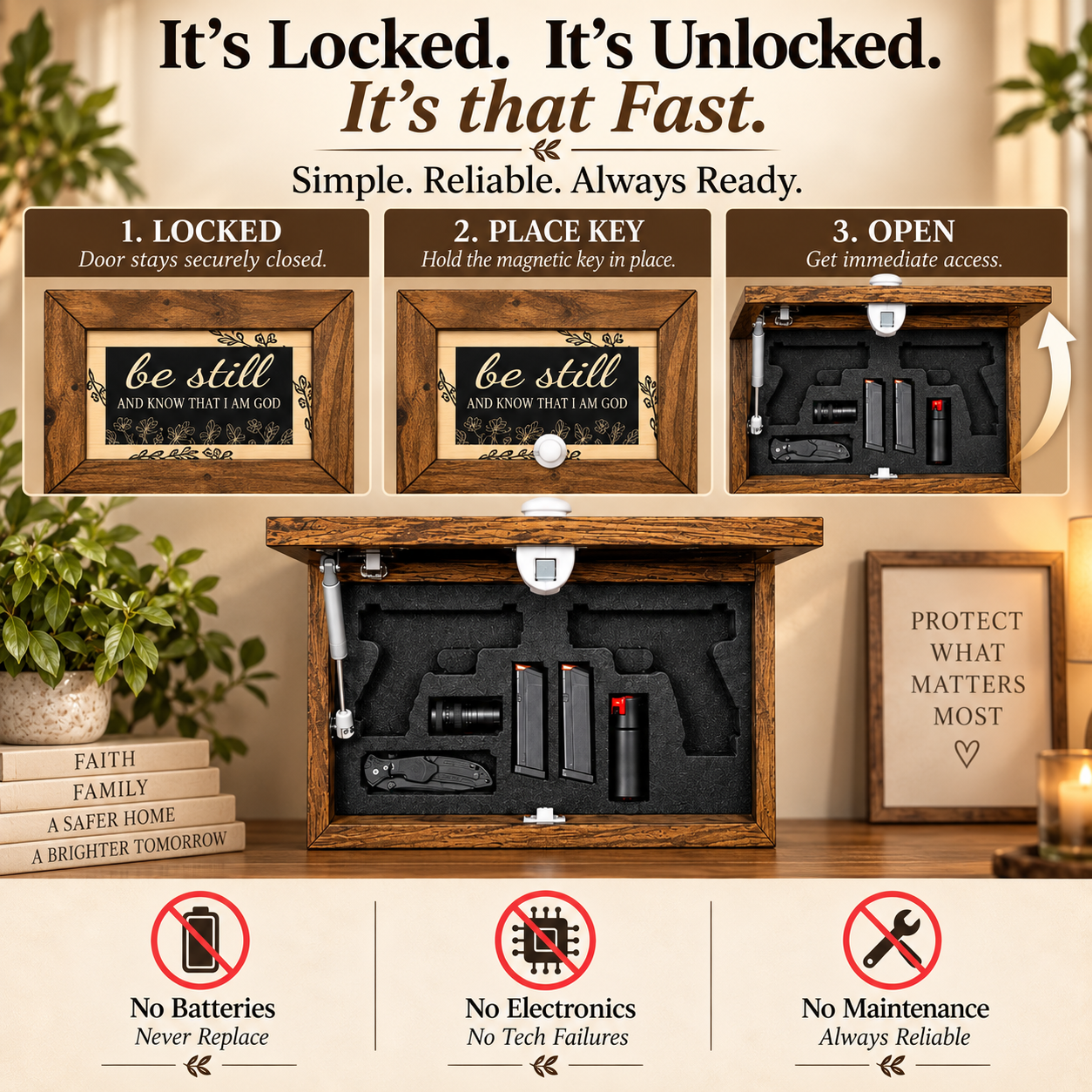 Bible Verse Decorative & Secure Wall-Mounted Gun Cabinet - Be Still and Know That I am God Psalm 46:10 Gun Safe