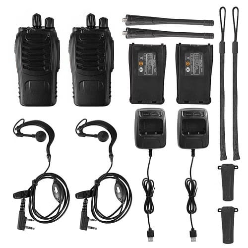 Complete BF-888S 2-pack kit with chargers, batteries, clips and lanyards
