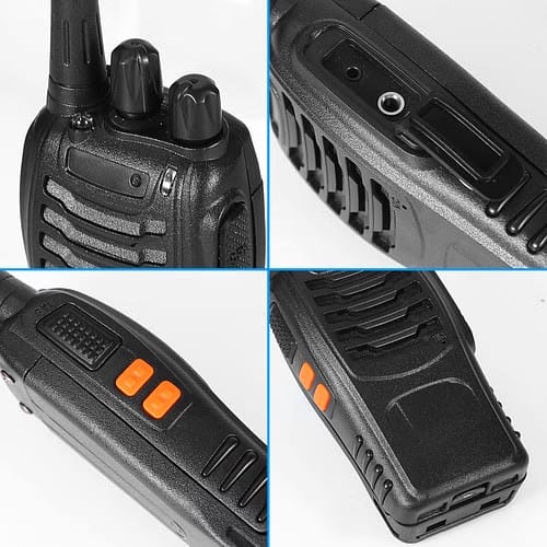 Baofeng BF-888S two-way radios with charging bases and earpiece headsets