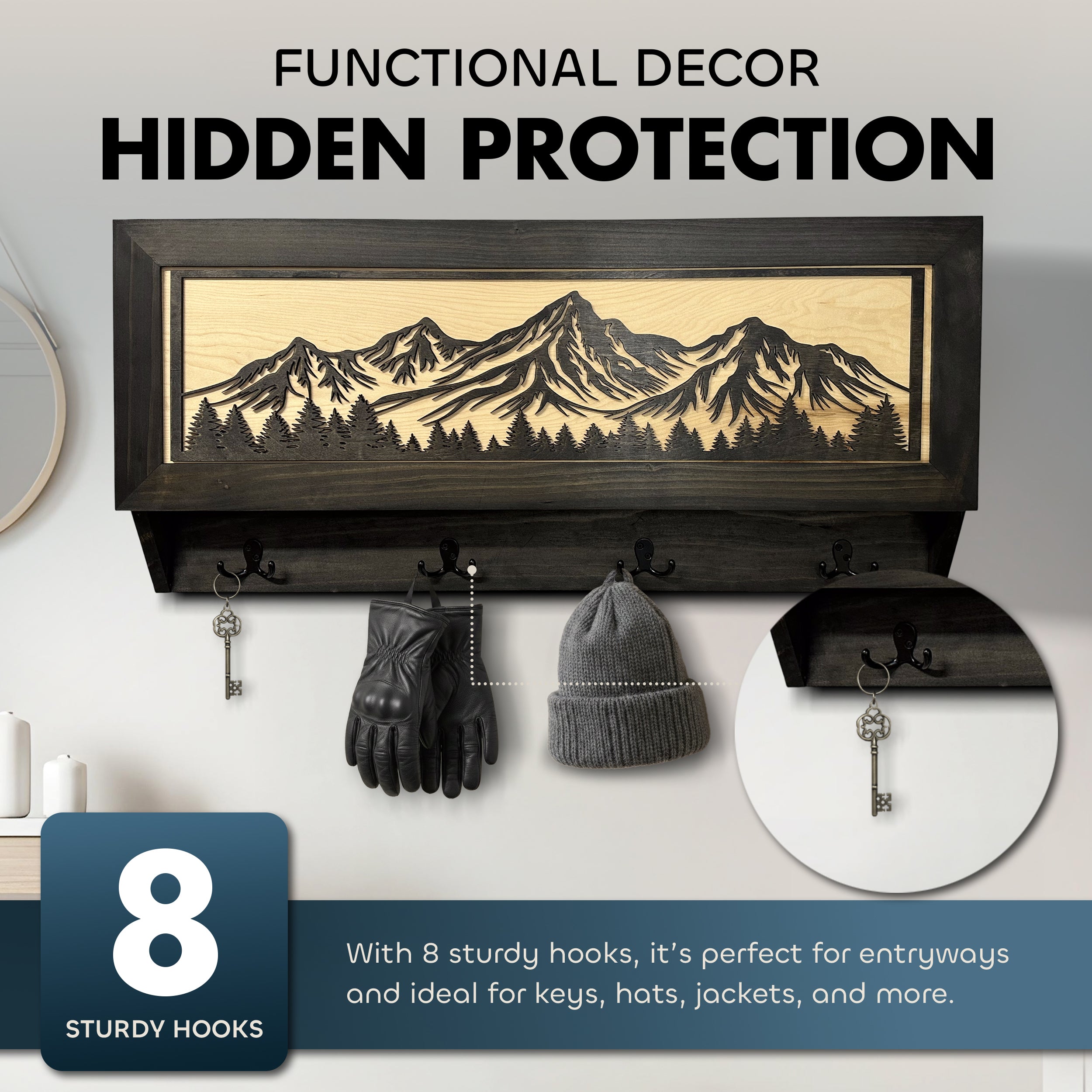 Mountain & Tree Wooden Coat Rack with Hidden Gun Storage Compartment
