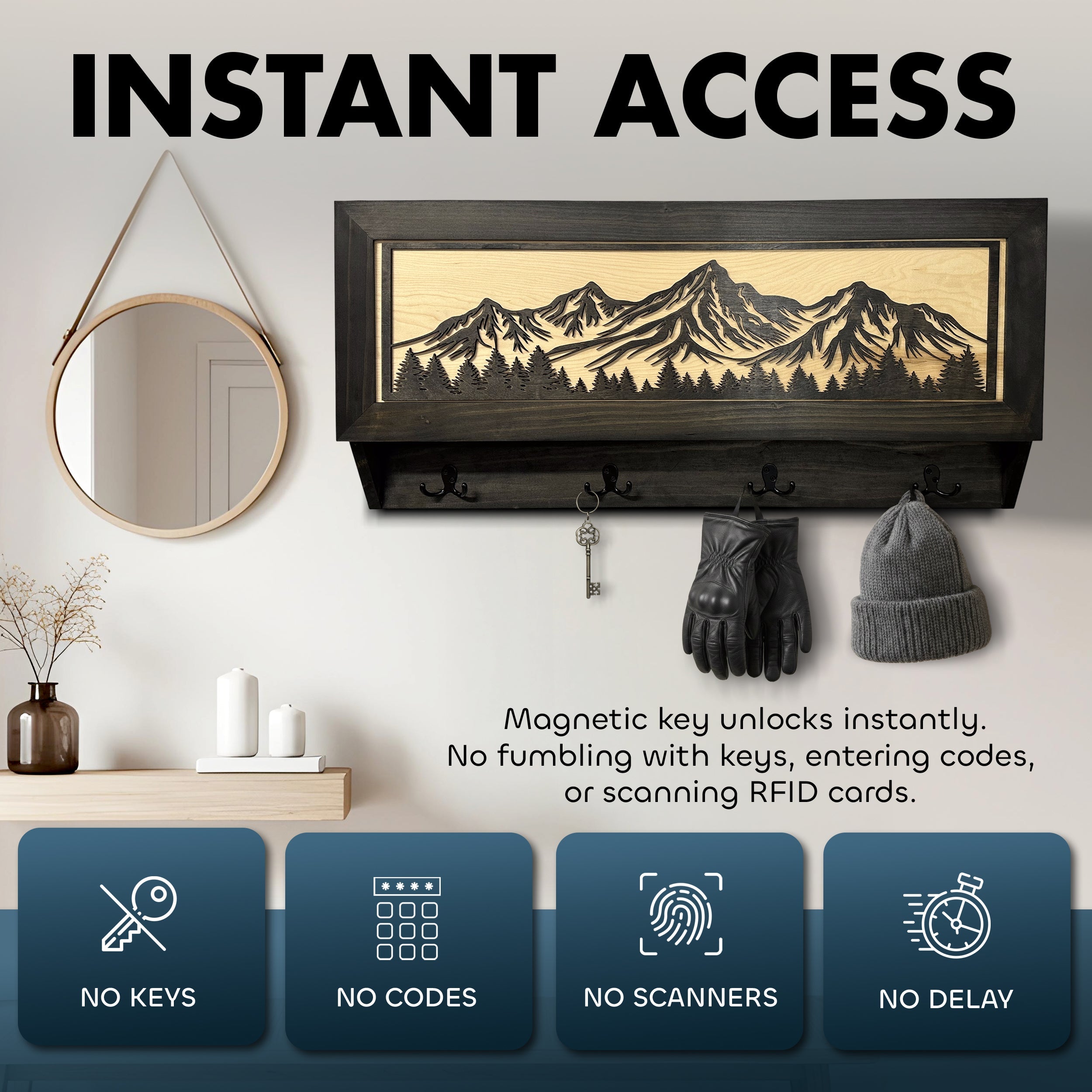 Mountain & Tree Wooden Coat Rack with Hidden Gun Storage Compartment