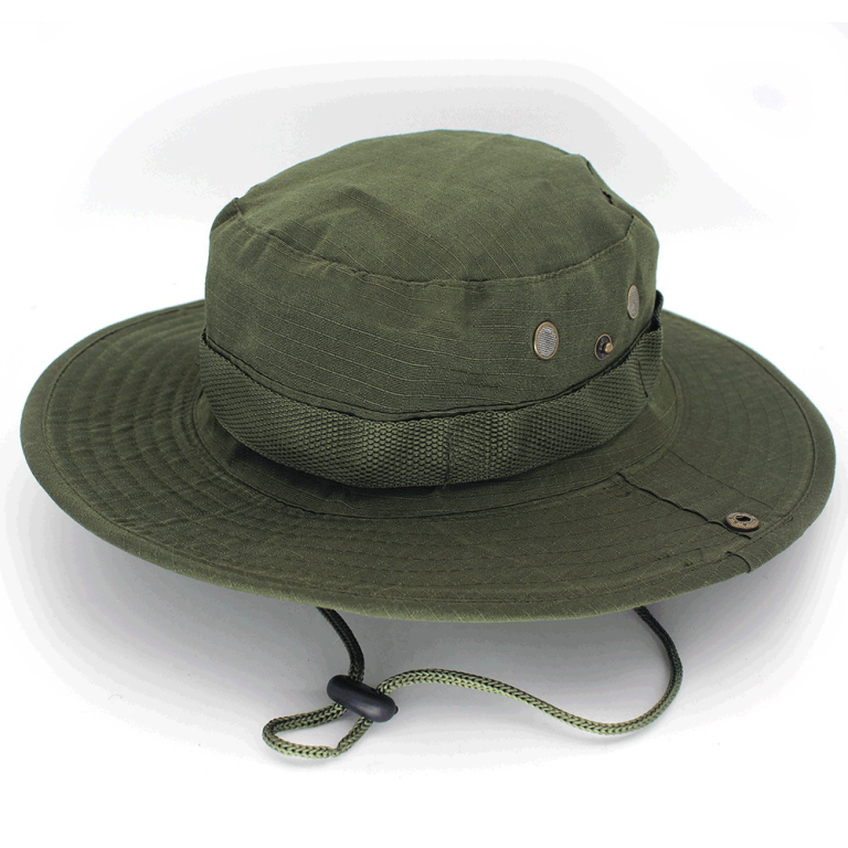 Army green boonie hat with adjustable chin cord and rugged ripstop fabric for hiking and range days