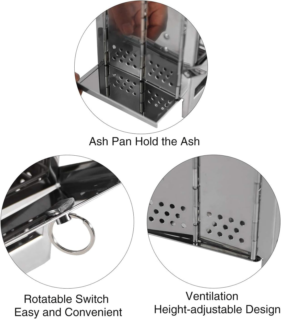Close-up of a smoking device with ash pan, rotatable switch, and ventilation system.