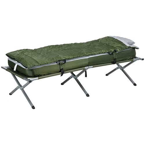 Folding camping cot set with green mattress, sleeping bag and pillow; powder-coated steel frame and carry bag included