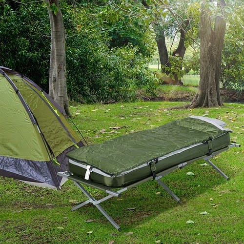 Close-up of moisture-resistant Oxford fabric and reinforced steel frame on the camping cot sleep system
