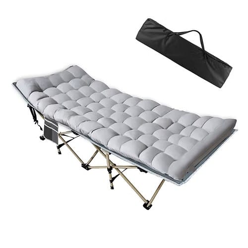 Compact folded view of camping cot with mattress showing quick-fold frame for easy transport