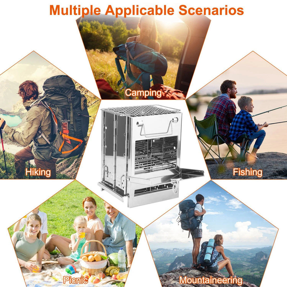 Complete portable stove kit including BBQ grate, ash pan, fuel plate, bolts, and carry bag