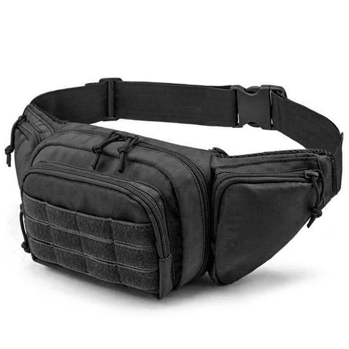 Black CCW waist bag with main compartment, front MOLLE panel and side zip pockets for pistol and EDC