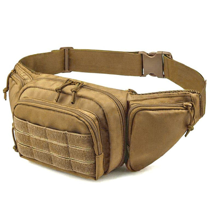 Coyote tan concealed carry fanny pack with adjustable belt and organized pockets for handgun and accessories