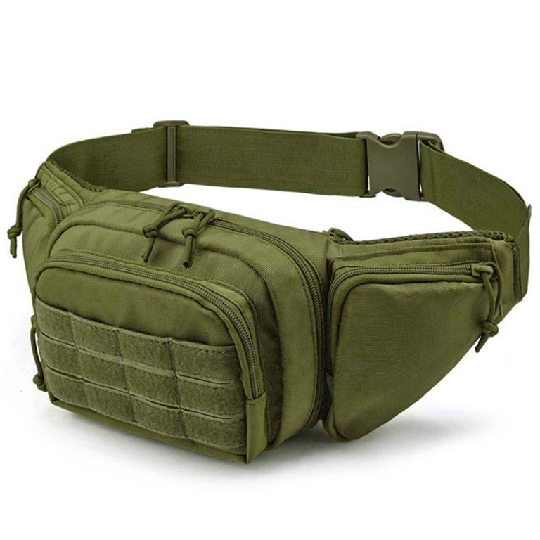 Army green tactical CCW fanny pack with MOLLE front and quick-release buckle; fits most full-size pistols