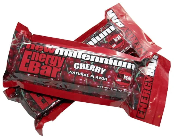 Close-up of Millennium cherry flavor emergency food bar packaging