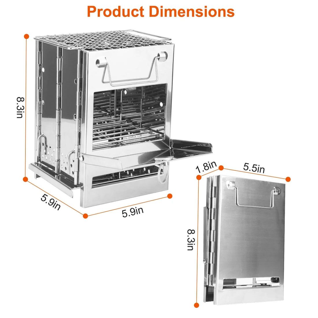 Stainless steel grill with dimensions labeled on a white background