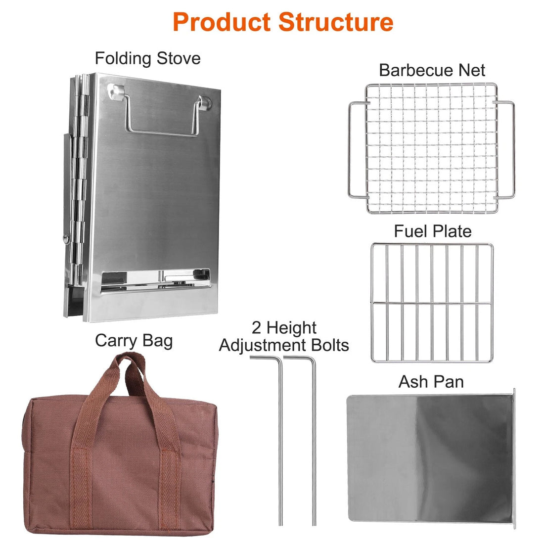 Product structure diagram with folding stove, barbecue net, fuel plate, carry bag, height adjustment bolts, and ash pan on a white background.